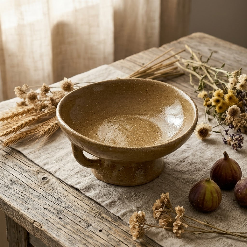 Artisanal Earthy Brown Speckled Pedestal Bowl