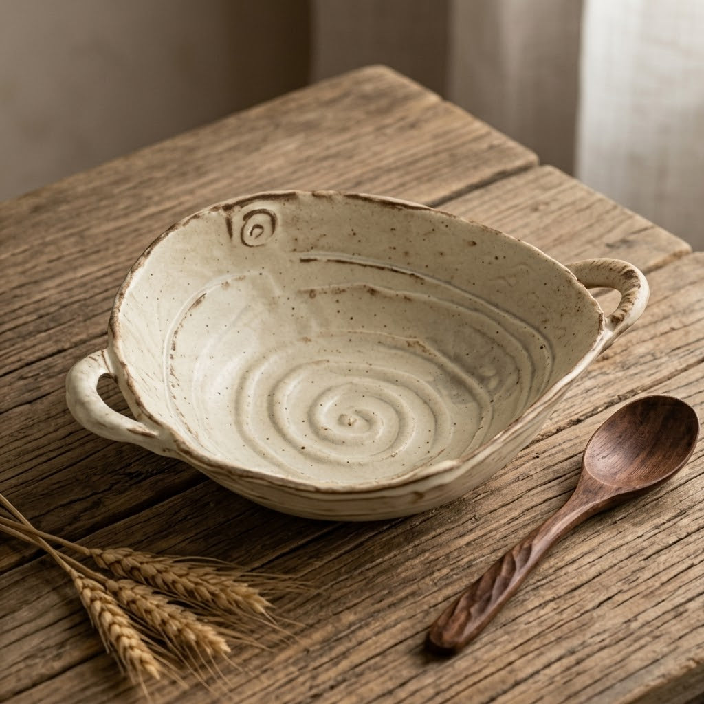 Rustic Cream Spiral Ceramic Bowl
