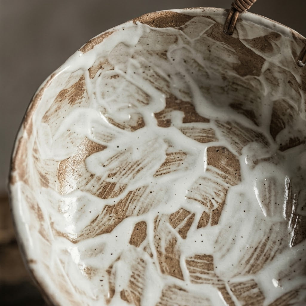 Artisanal Marbled Ceramic Bowl with Woven Handles