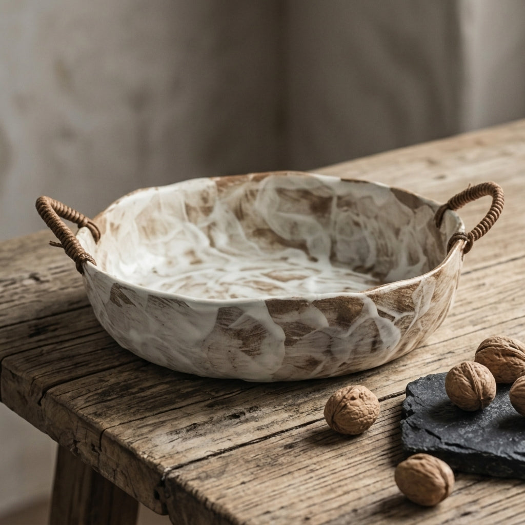 Artisanal Marbled Ceramic Bowl with Woven Handles