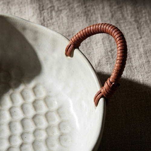 Textured Honeycomb Ceramic Bowl with Woven Handles