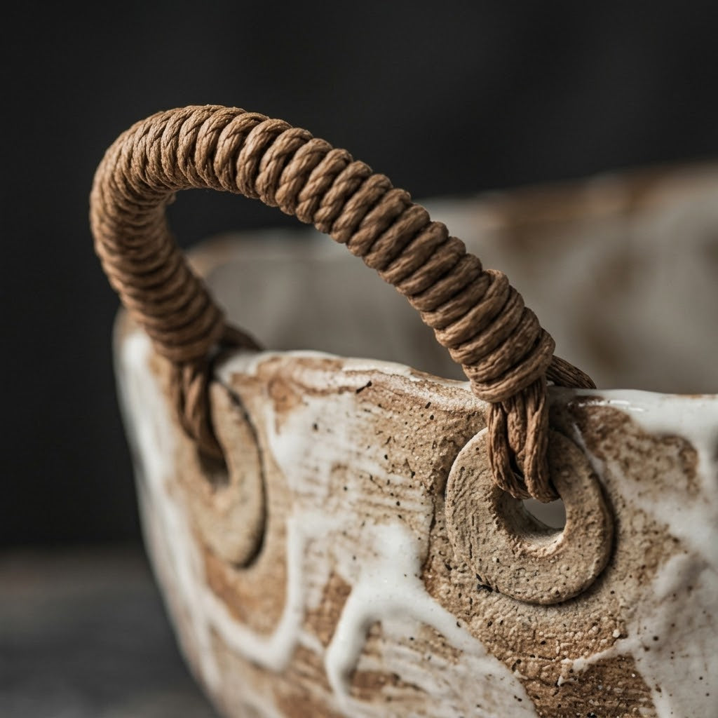 Artisanal Marbled Ceramic Bowl with Woven Handles