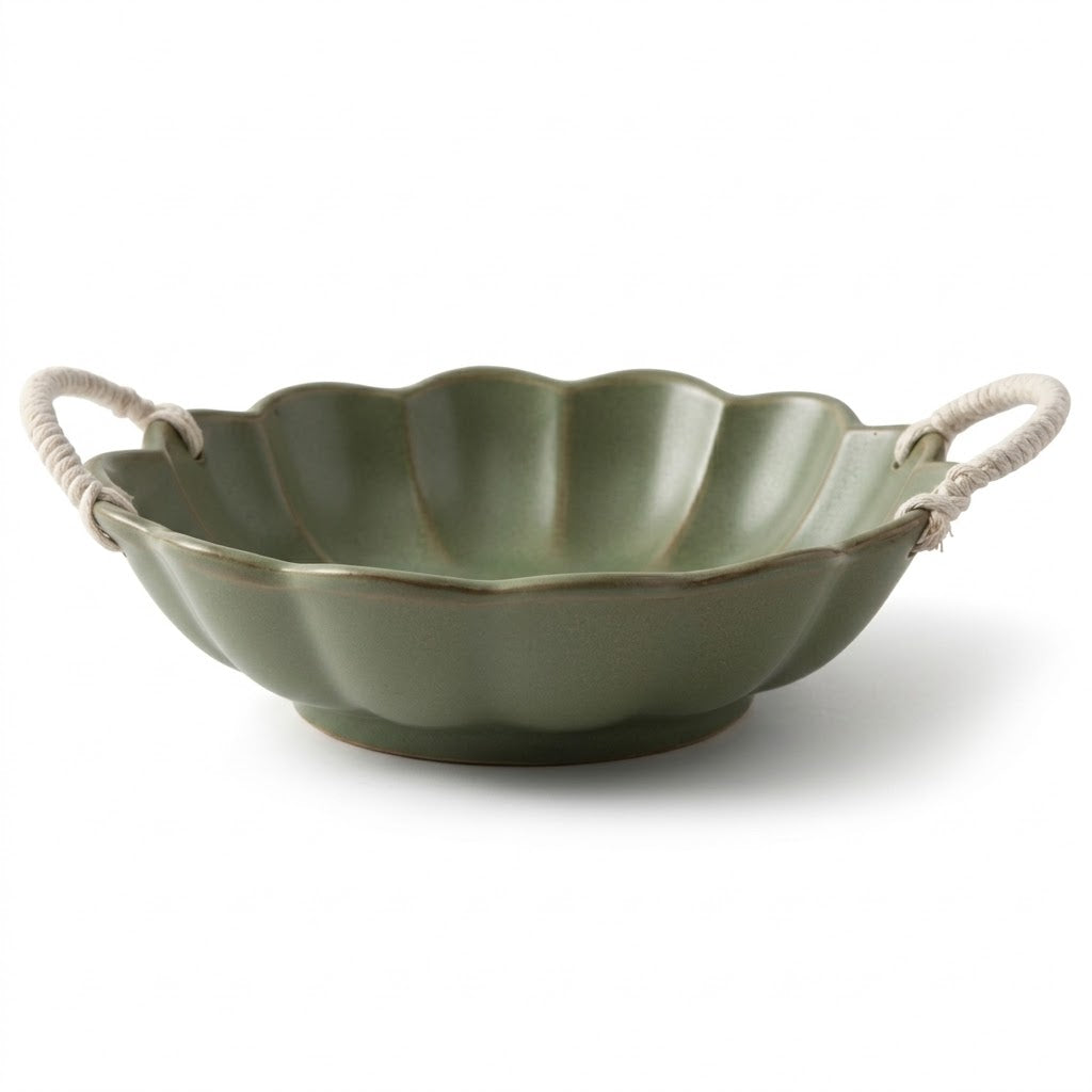 Artisan Scalloped Ceramic Bowl in Sage Green