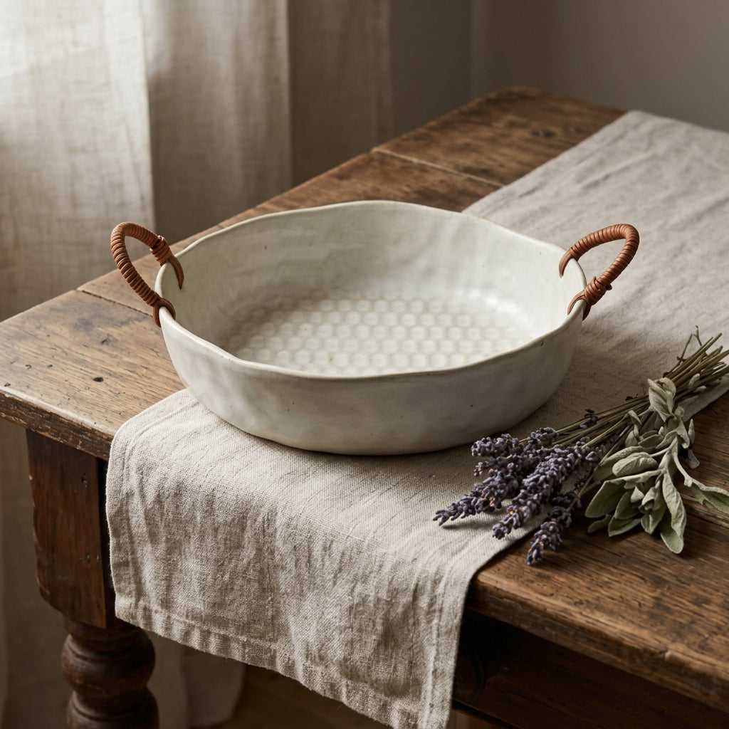 Textured Honeycomb Ceramic Bowl with Woven Handles