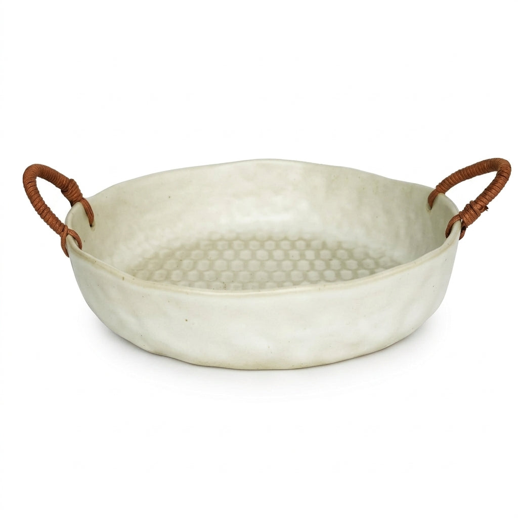 Textured Honeycomb Ceramic Bowl with Woven Handles