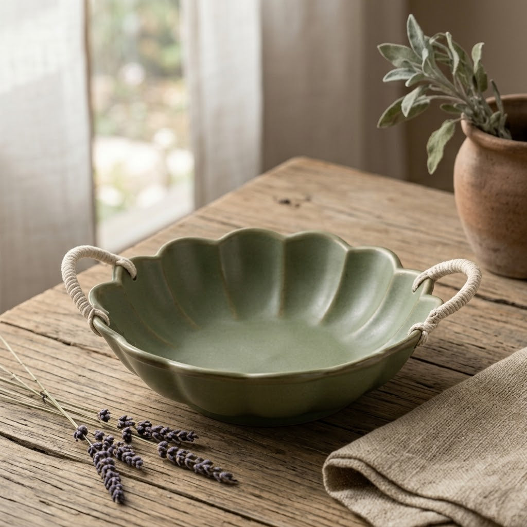 Artisan Scalloped Ceramic Bowl in Sage Green
