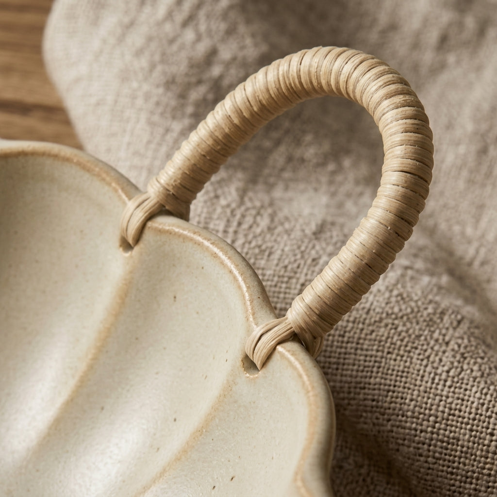 Artisan Fluted Ceramic Bowl with Woven Handles