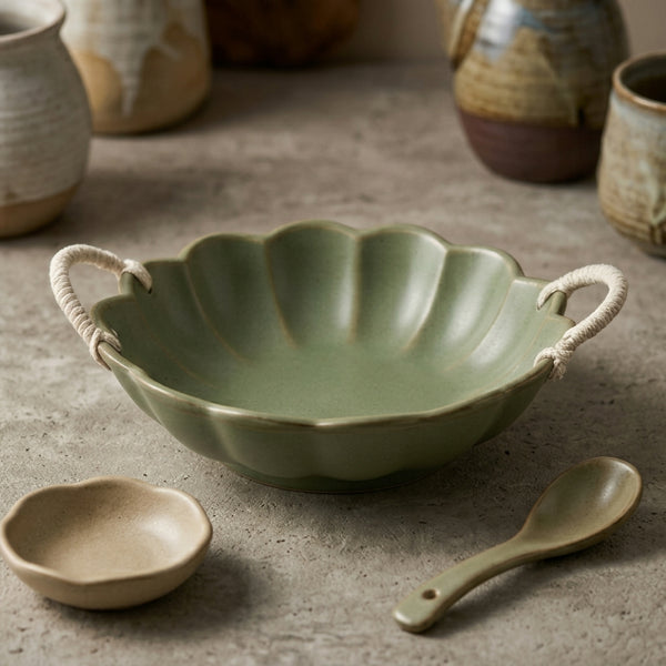 Artisan Scalloped Ceramic Bowl in Sage Green