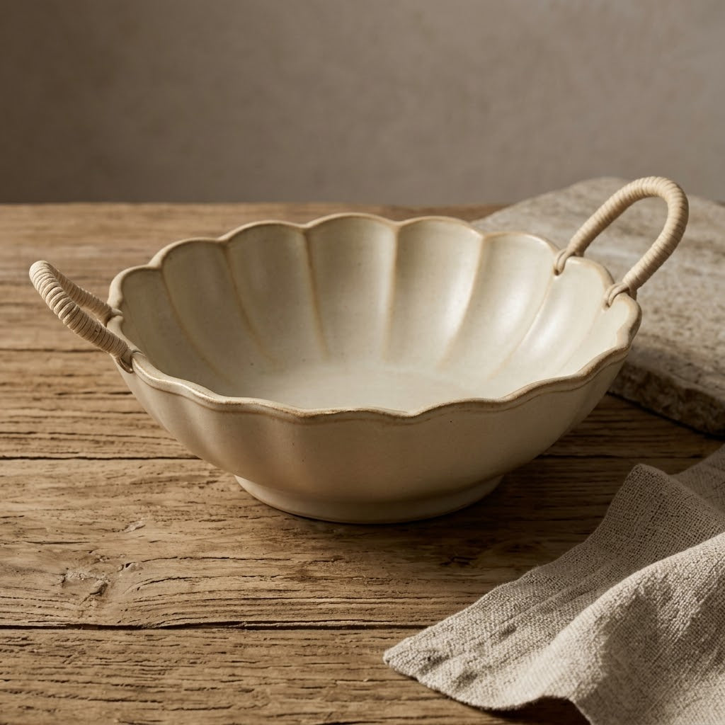 Artisan Fluted Ceramic Bowl with Woven Handles
