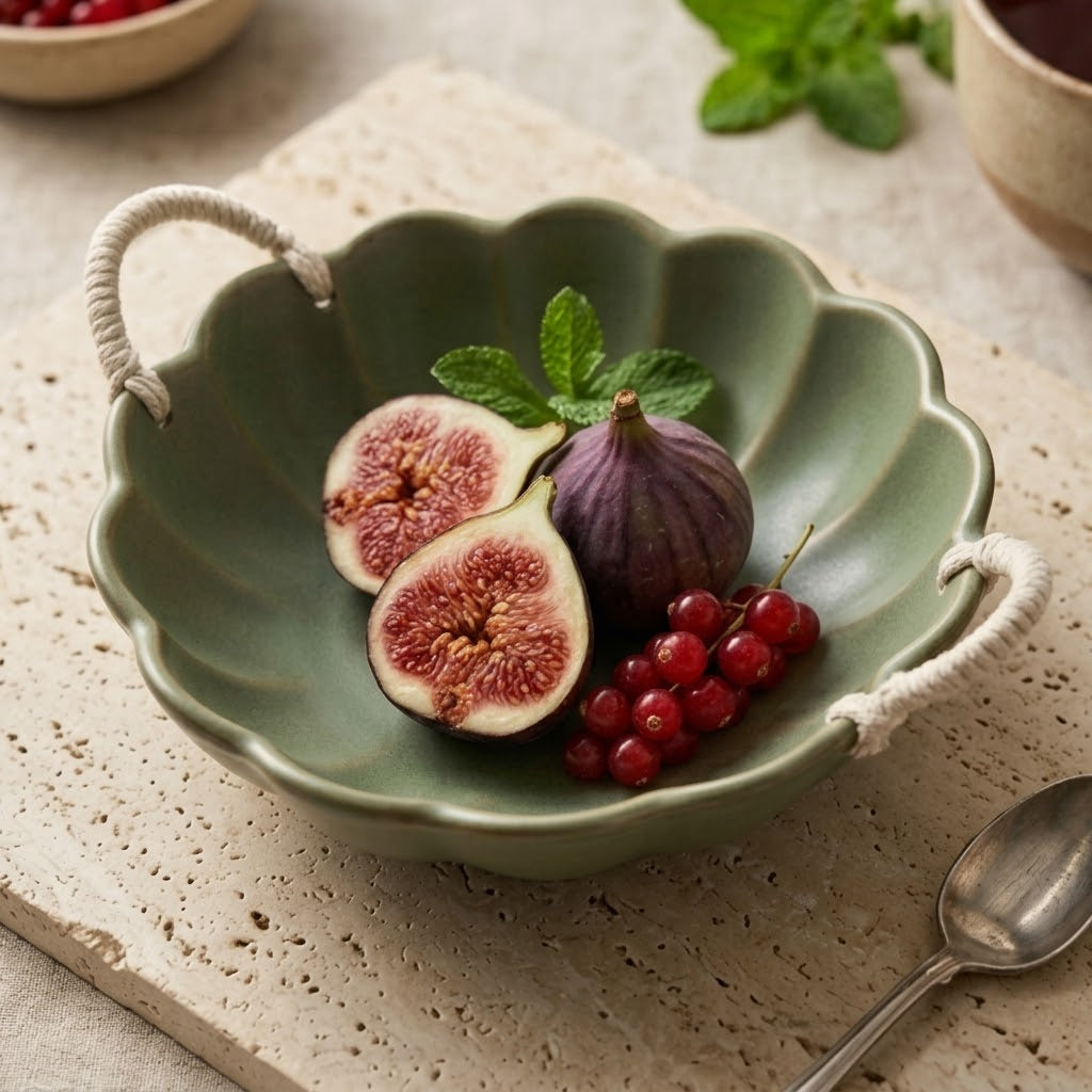 Artisan Scalloped Ceramic Bowl in Sage Green